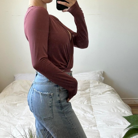 Burgundy long sleeve wrap bodysuit - Picture 4 of 8